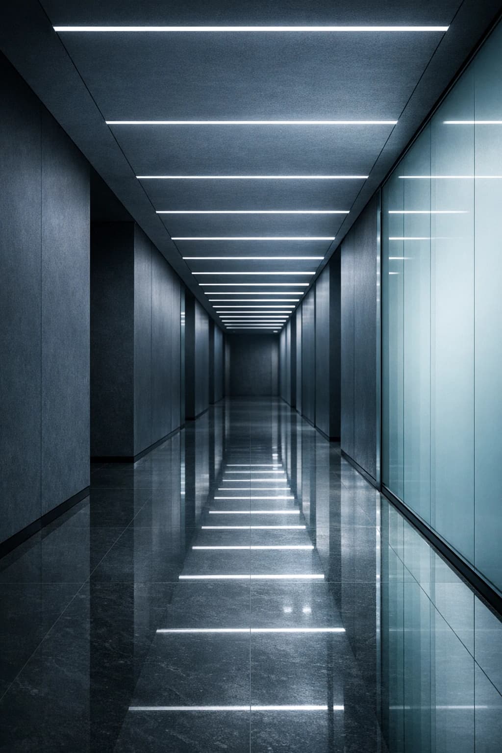 Minimalistyczny korytarz z rytmicznymi liniami światła
