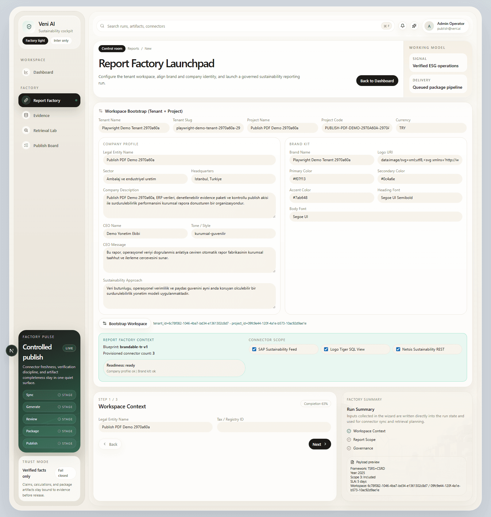 Yeni sürdürülebilirlik raporu sihirbazı ekran görüntüsü