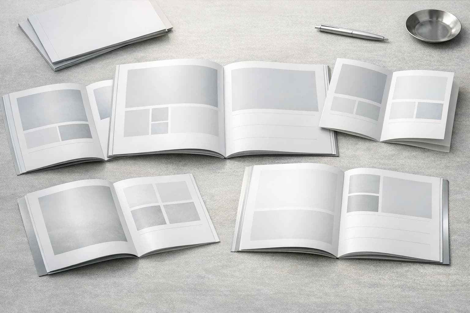 Otwarty katalog i układ broszury na biurku