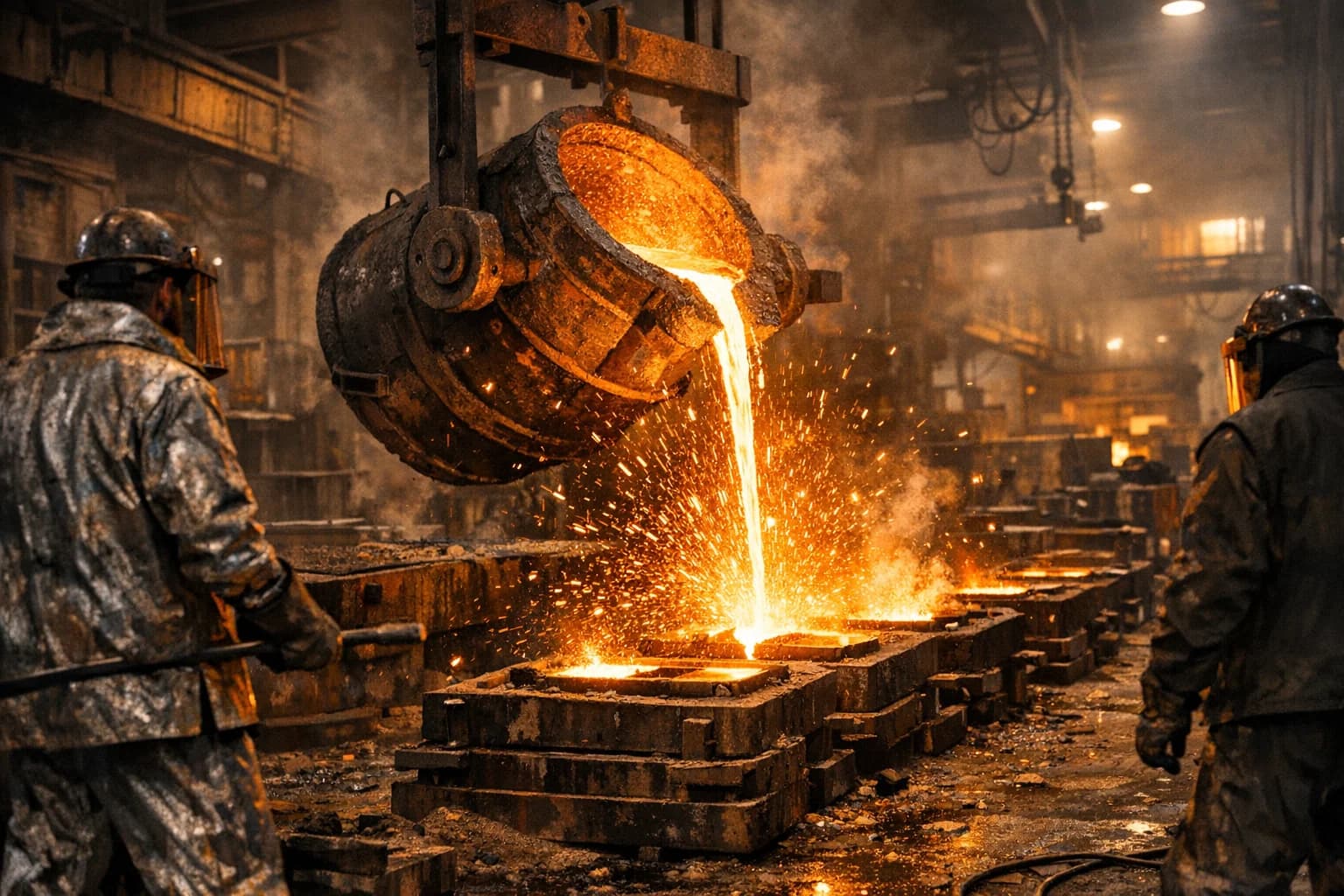 Operação cinematográfica de vazamento de metal fundido em um grande pavilhão de fundição