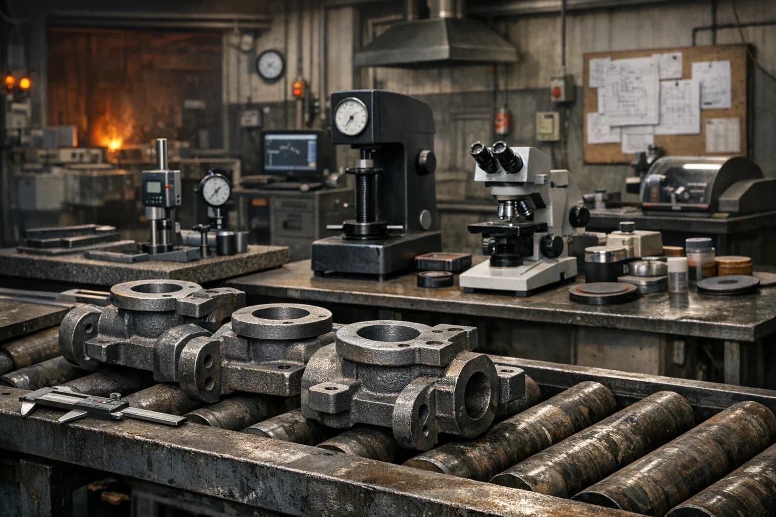 Área de garantia de qualidade da fundição com componentes fundidos e equipamentos de teste