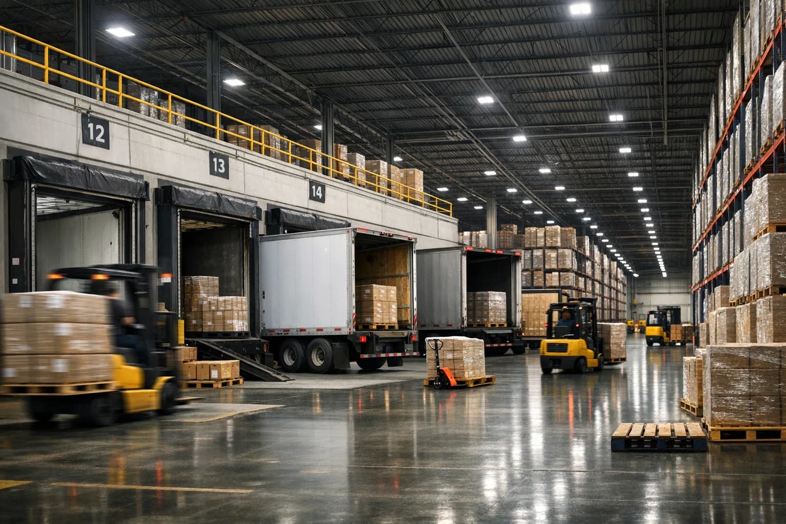 Kinowy magazyn wysokiego składowania z aktywną rampą załadunkową i ruchem wózków widłowych