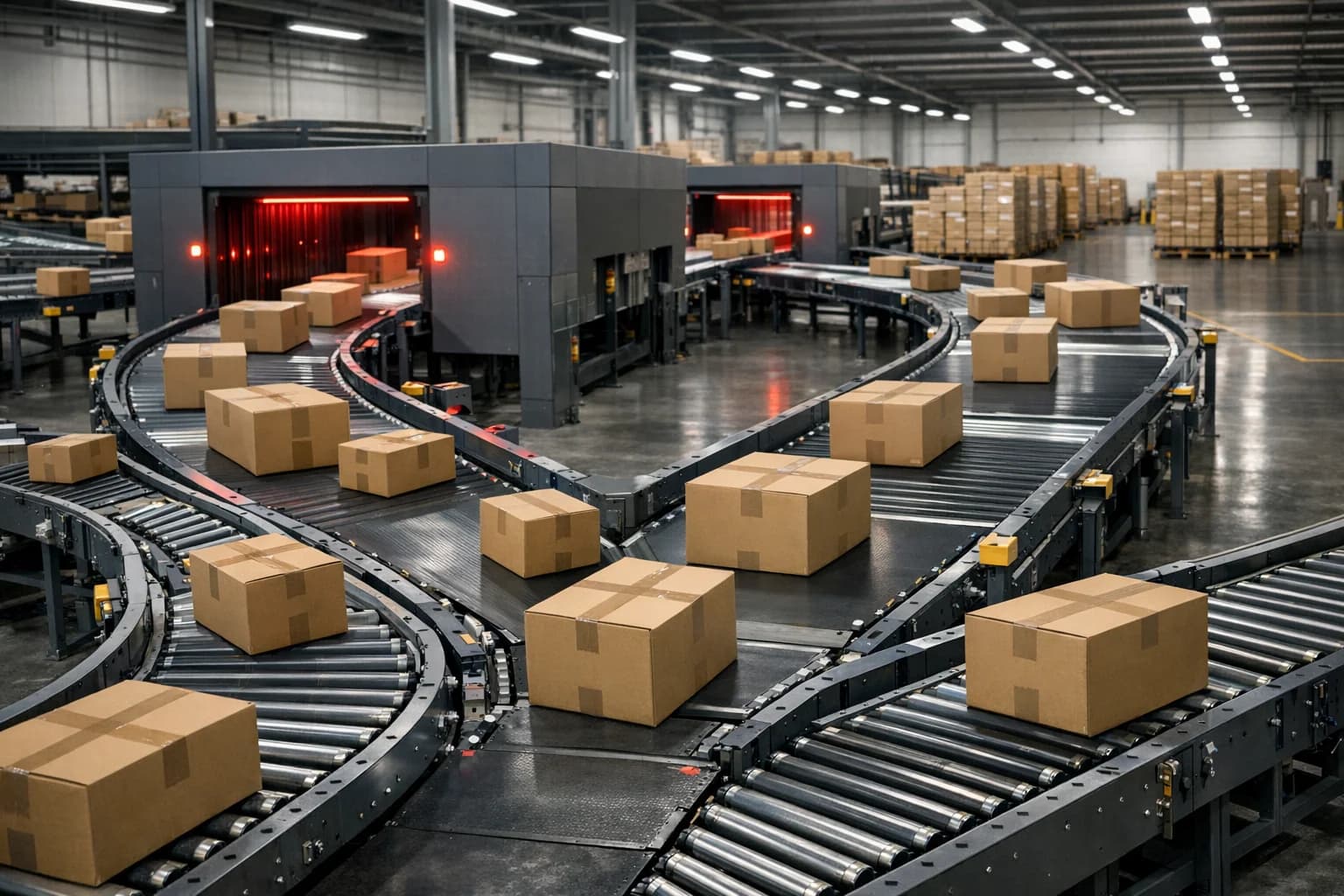 Zautomatyzowane przenośniki do sortowania paczek wewnątrz nowoczesnego centrum logistycznego