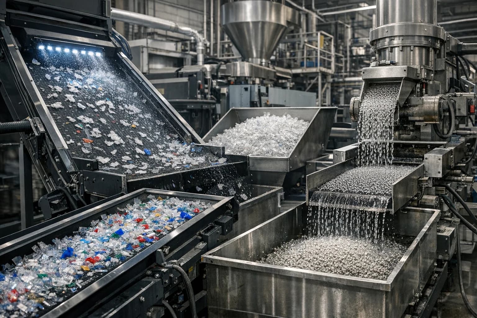 選別およびペレット化工程を備えたプラスチックのリサイクル・再処理ライン