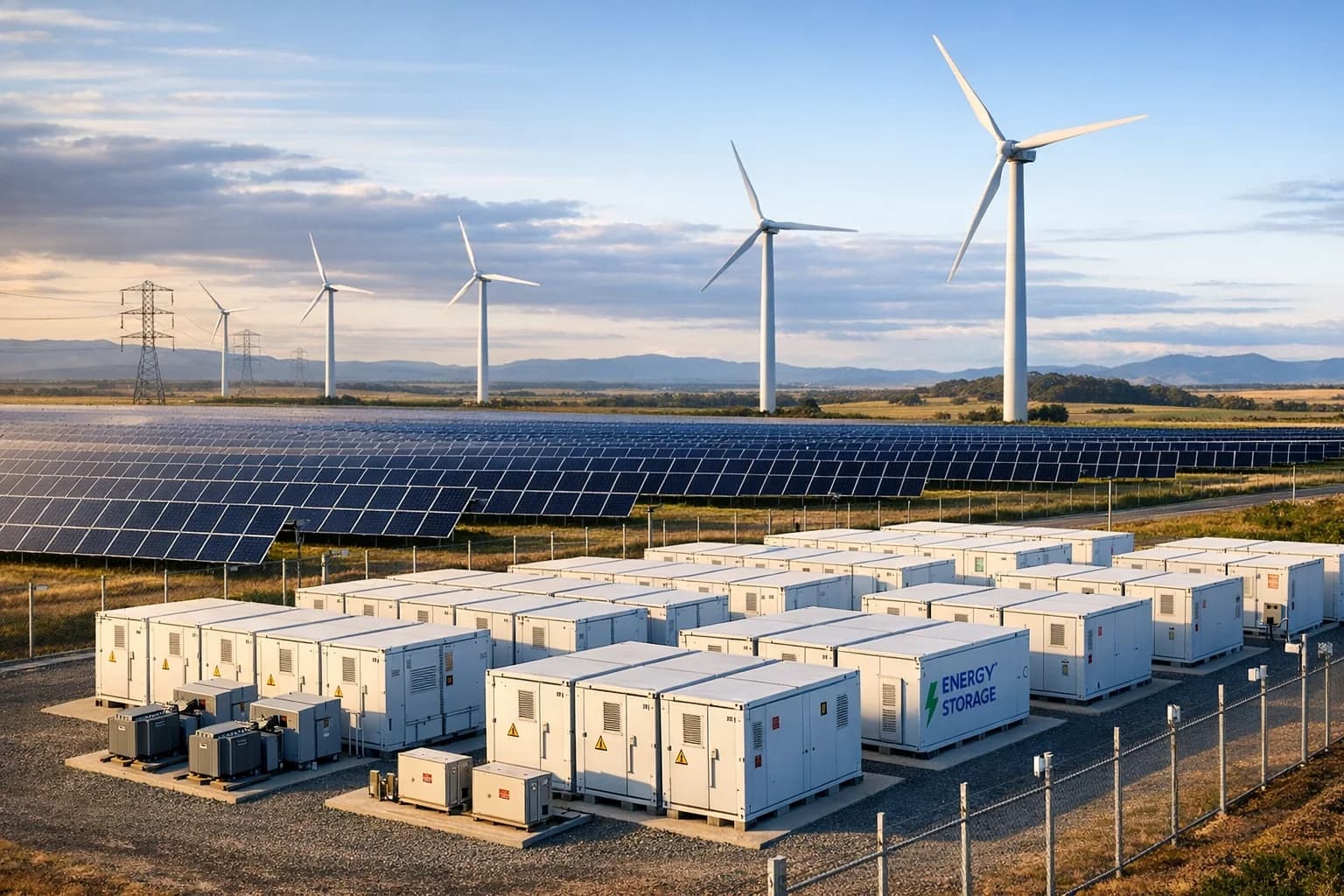 Sito rinnovabile di scala utility in stile cinematografico con asset eolici, solari e di accumulo