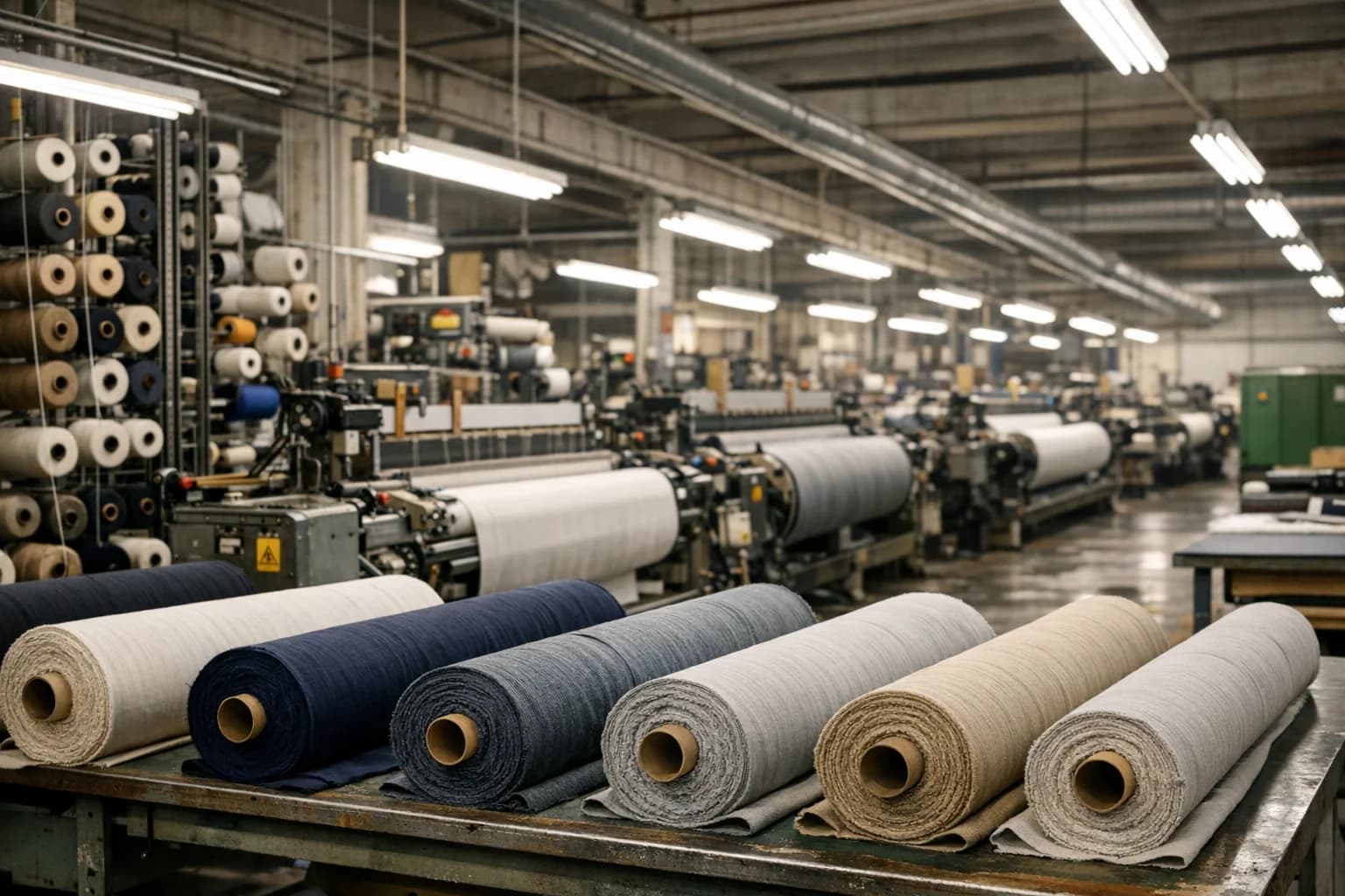 Cinematic textile weaving hall with industrial loom infrastructure