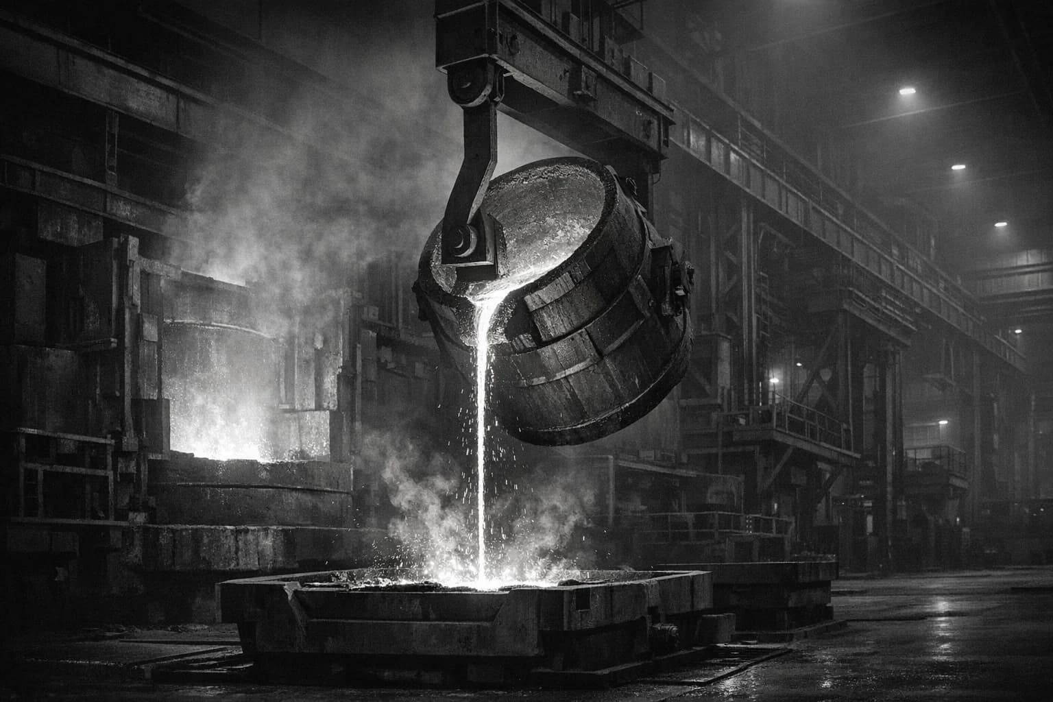 Escena cinematográfica de fundición con metal fundido