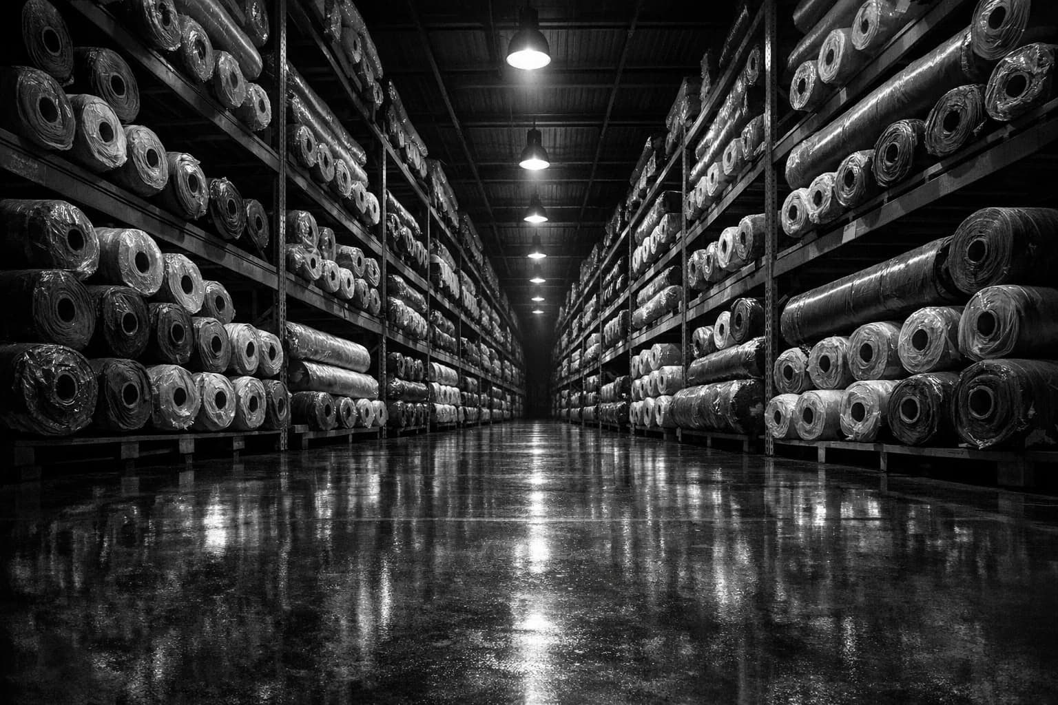 堆放布料卷的仓库通道